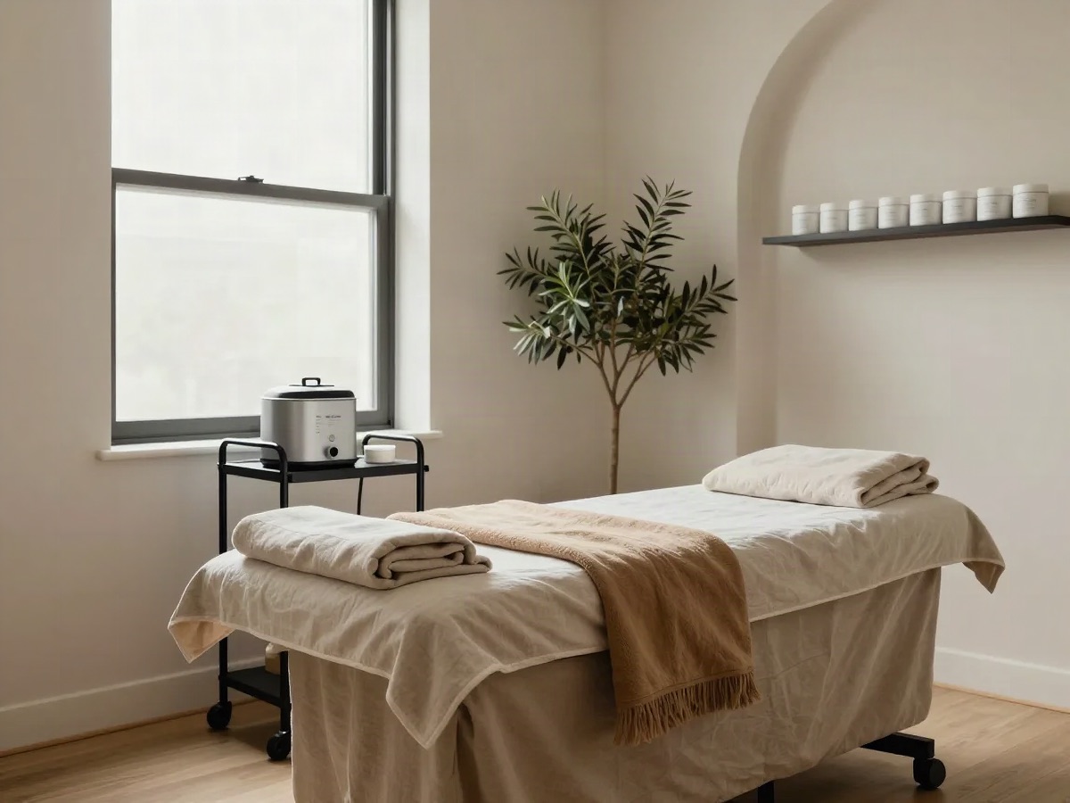 Styled example of an esthetician's room set for a facial, with a made bed, folded towels and soft daylight