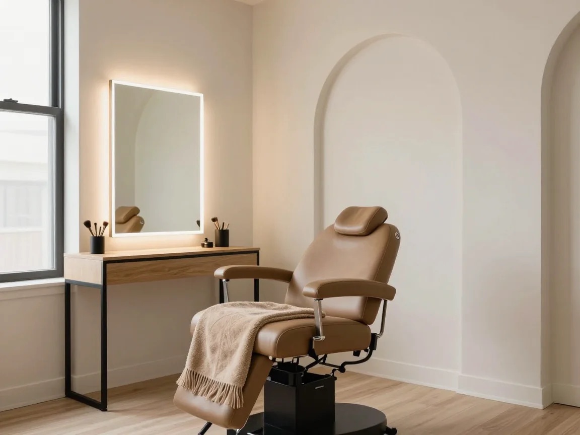 Styled example of a brow room with a padded chair, a small mirror and warm tan accents