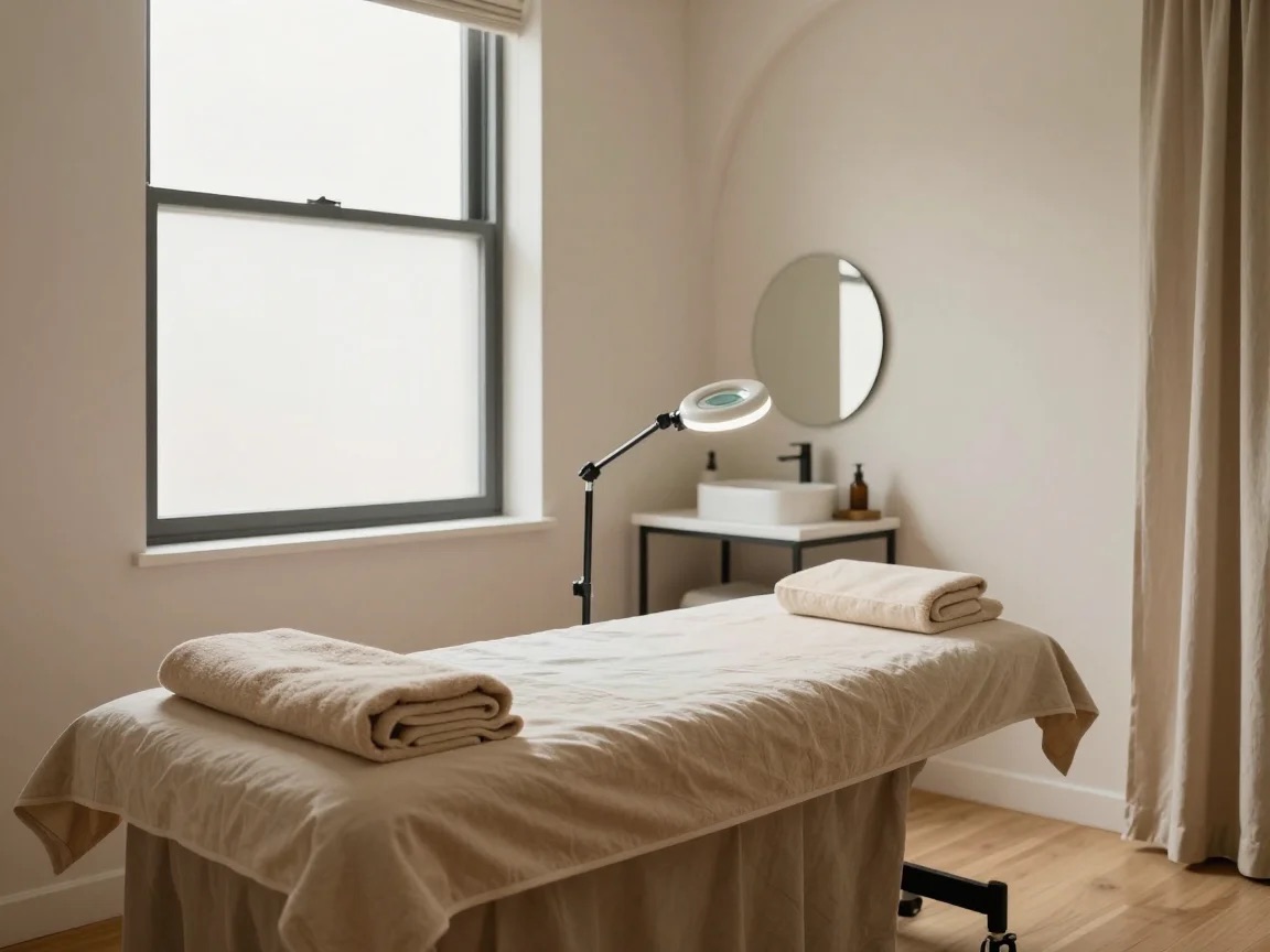 Styled example of an esthetician suite with a treatment bed, a side table and soft daylight