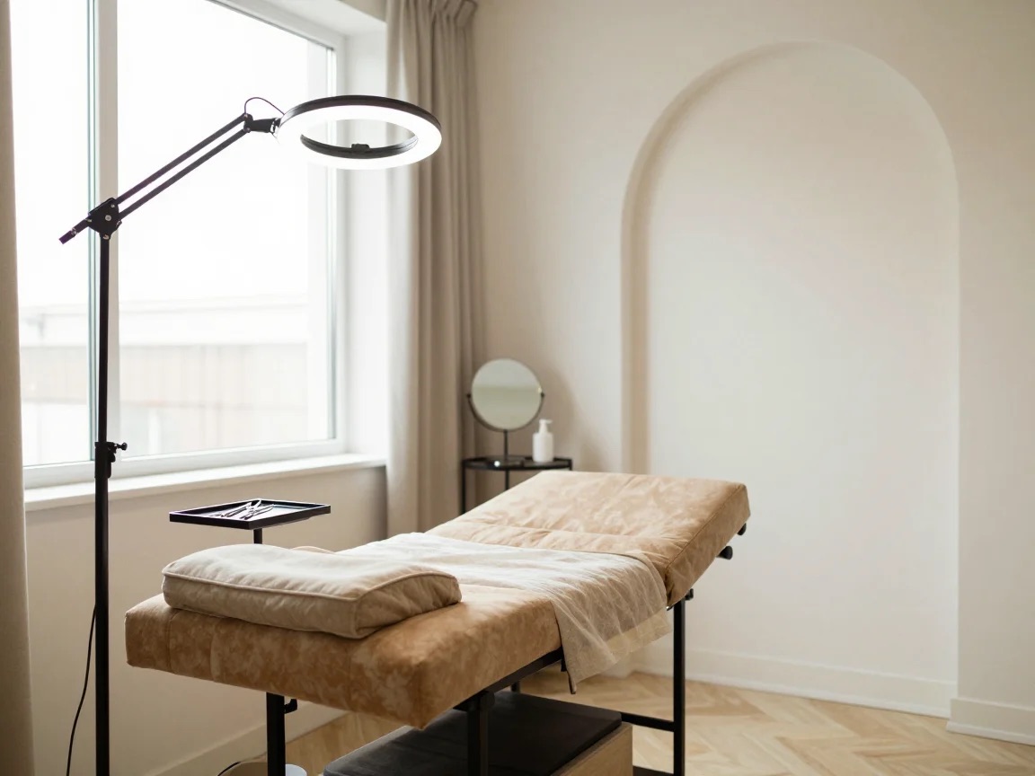 Styled example of a lash room with a reclined bed, a ring light and off-white walls