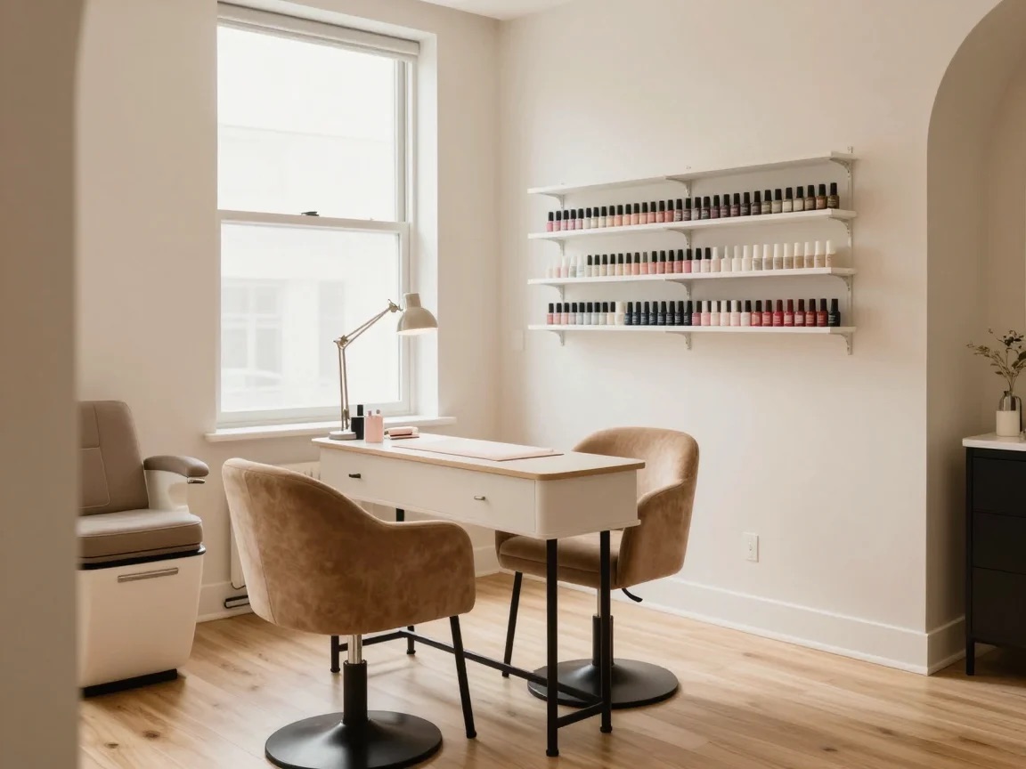 Styled example of a nail suite with a manicure table, a lamp and two chairs in warm neutral tones